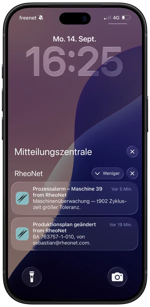 Handy-Sperrbildschirm mit RheoNet Push-Meldungen: Prozessalarm an einer Maschine und geänderter Produktionsplan